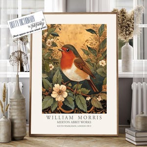 Robin Art print, William Morris Style Bird poster, Large Vintage wall art, Wildlife nature lover Illustration, Floral Bird Lover