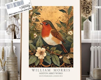 Robin Art Print, William Morris Style, Vintage Floral Bird Illustration