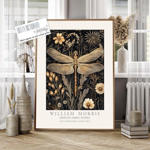 Dragonfly Print, William Morris style Illustration, William Morris Floral poster, Vintage style Botanical, dragonflies insect wall art gifts