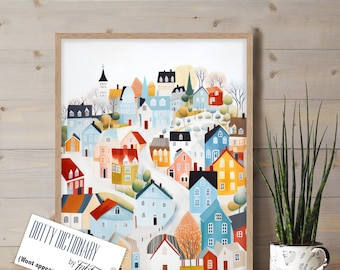 Lámina artística de un pueblo escandinavo, decoración nórdica para el hogar.