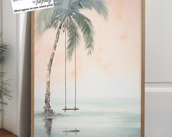 Stampa giclée con altalena su palma, decorazione murale con spiaggia costiera