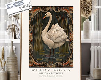 William Morris Style Swan Print, Art Deco Wildlife Illustration