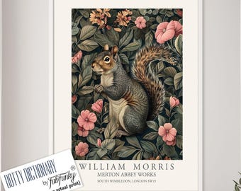William Morris style print, William Morris poster, Cute grey Squirrel Illustration, Vintage style Botanical wall art Woodland Animal artwork