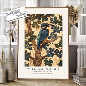 William Morris style bird print, Kingfisher Illustration, William Morris poster, Large Vintage style wall art, Wildlife nature lover decor