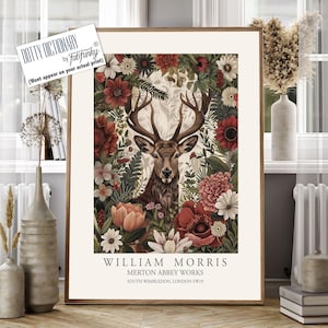 William Morris style Deer print, William Morris Stag poster, Woodland Illustration, Vintage style Botanical, large wall art forest animal