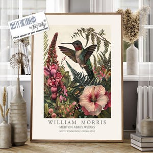 William Morris style bird print,  William Morris Hummingbird poster, Large Vintage wall art, Wildlife nature lover Illustration elegant art