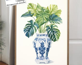 Wazon Chinoiserie, wydruk artystyczny, niebiesko-biała porcelana