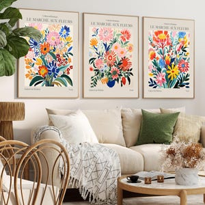 Set of 3 Prints, French flower market prints, Floral wall art poster, , Gallery wall prints, colourful Modern Floral decor