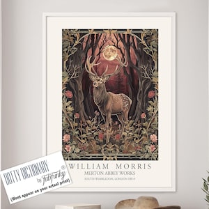 William Morris style Deer print, William Morris Stag poster, Woodland Illustration, Vintage style Botanical, large wall art forest animal