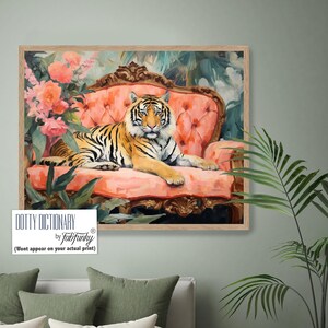 Tiger Print, Whimsical Tiger On Sofa Art Print, Tiger Wall Art, watercolour animal painting, Boho Living Room grandmillenial topiary print