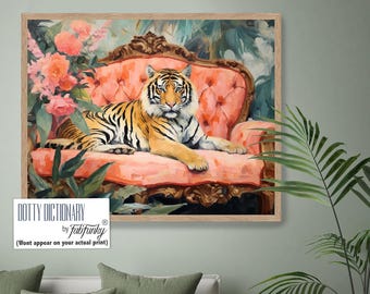 Nyckfull tiger på soffa konsttryck, bohemisk grandmillennial-stil