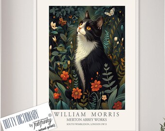 William Morris Style Tuxedo Cat Print, Dark Floral Art - Etsy