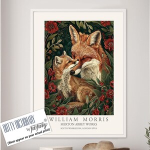 William Morris style print, William Morris poster, Fox Illustration, Vintage style Botanical poster, Woodland animal wall art Fox cub family