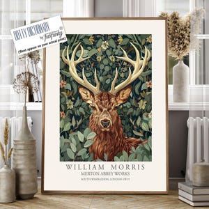 William Morris style Deer print, William Morris Stag poster, Woodland Illustration, Vintage style Botanical, large wall art forest animal
