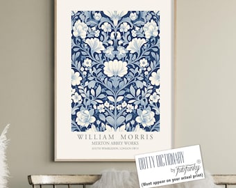 William Morris Style Floral Print, Blue Chinoiserie, Vintage Wall Art