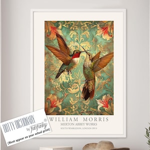 William Morris style bird print,  William Morris Hummingbird poster, Large Vintage wall art, Wildlife nature lover Illustration elegant art