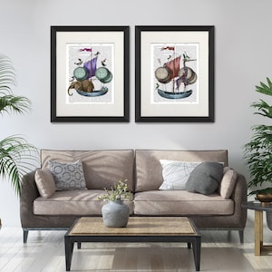 Airship prints, Elephant and giraffe, Wall art set of 2, Dictionary prints, Fantasy decor, Kids room art, Nursery wall art Tropical pictures