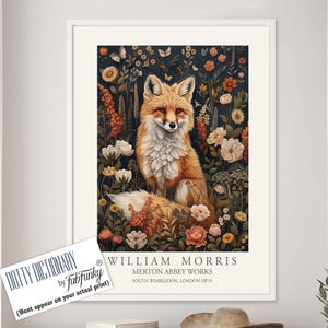 William Morris style print, William Morris poster, Fox Illustration, Vintage style Botanical poster, Woodland William Morris wall art animal