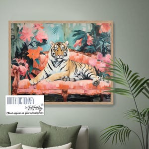 Tiger Print, Whimsical Tiger On Sofa Art Print, Tiger Wall Art, watercolour animal painting, Boho Living Room grandmillenial topiary print