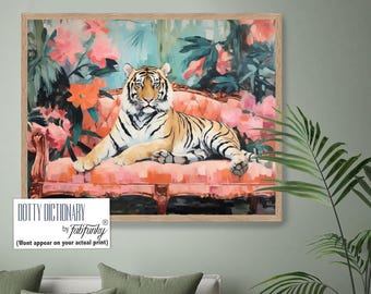 Nyckfull tiger på soffa konsttryck, bohemisk vardagsrumsinredning