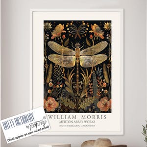 Dragonfly Print, William Morris style Illustration, William Morris Floral poster, Vintage style Botanical, dragonflies insect wall art gifts