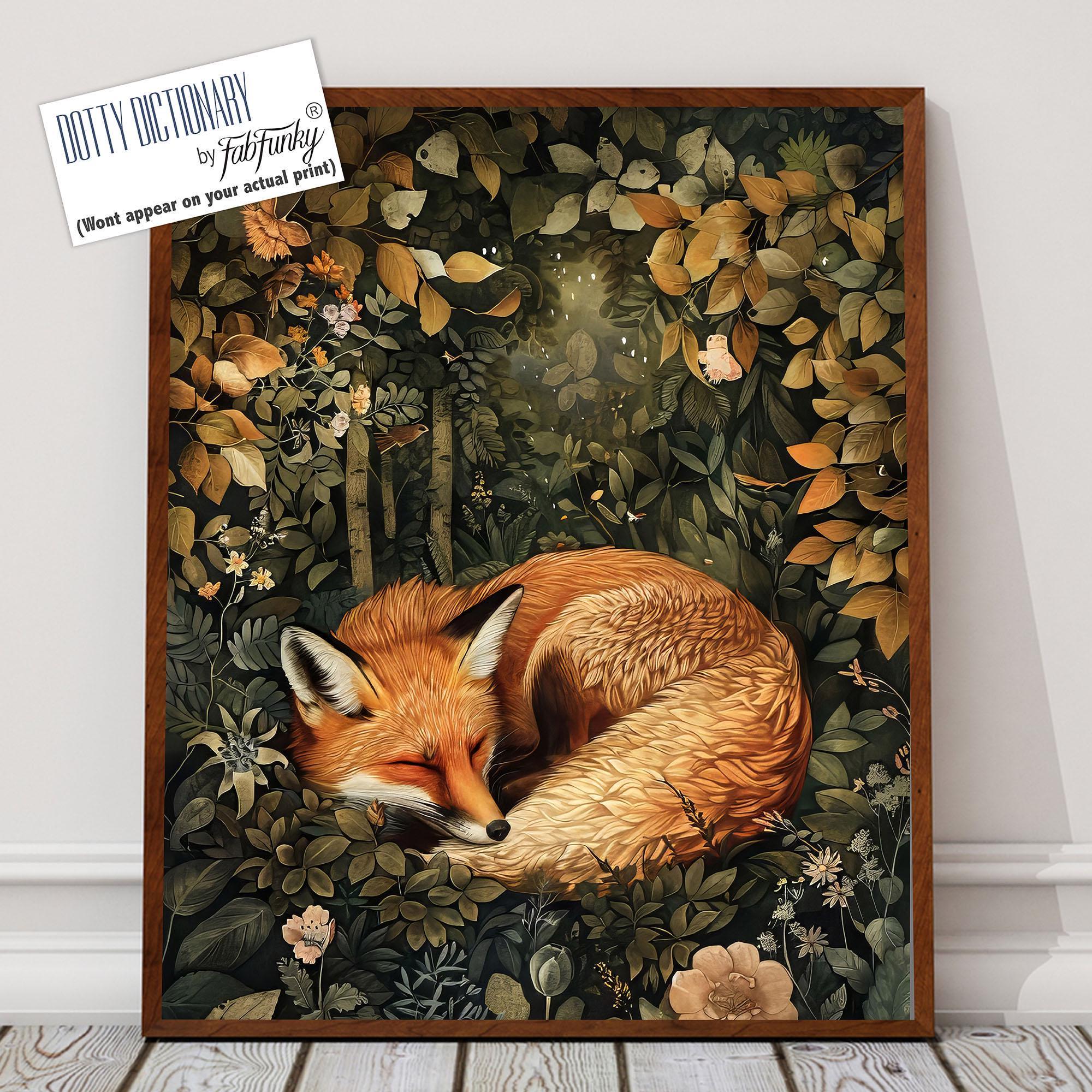 Sleeping Fox Wall Art, Fox Art Print, William Morris Style Poster