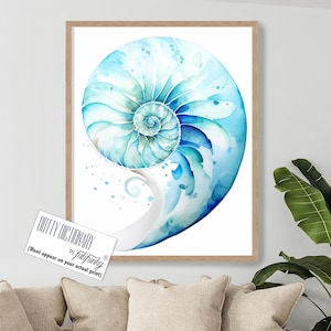 Turquoise Blue Seashell Watercolour Print, Modern Coastal Home Art Print, minimalist Wall Art, Nautical Bathroom, beach house decor