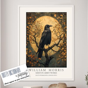 William Morris style bird print, Crow and Moon Illustration, William Morris poster, Large Vintage style autumn wall art, gothic raven decor