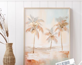 Stampa artistica di una palma sulla spiaggia, dipinto di un'isola tropicale