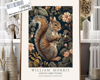 William Morris style print, William Morris poster, Cute grey Squirrel Illustration, Vintage style Botanical wall art Woodland Animal artwork