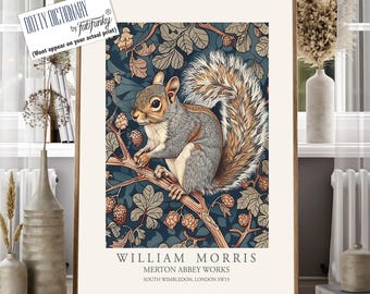 William Morris style print, William Morris poster, Cute grey Squirrel Illustration, Vintage style Botanical wall art Woodland Animal artwork