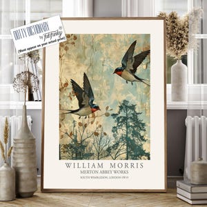 William Morris style bird print, Barn Swallow Illustration, William Morris poster, Large Vintage style wall art, Wildlife nature lover decor