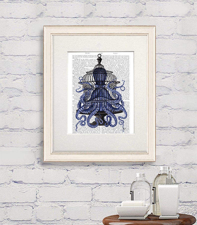 Octopus Wall Art Blue In Birdcage Vintage Style Image 0