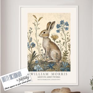 Wydruk w stylu Williama Morrisa, plakat Williama Morrisa, ilustracja z zającem, dzieło sztuki botanicznej w stylu vintage, uroczy królik leśny, wydruk artystyczny z zającem