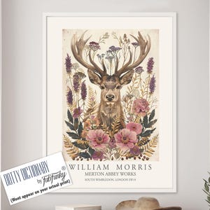 William Morris style Deer print, William Morris Stag poster, Woodland Illustration, Vintage style Botanical, large wall art forest animal