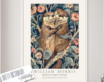 ウィリアム・モリス風カワウソのプリント、植物画風の森の動物アート