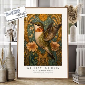 William Morris style bird print,  William Morris Hummingbird poster, Large Vintage wall art, Wildlife nature lover Illustration elegant art