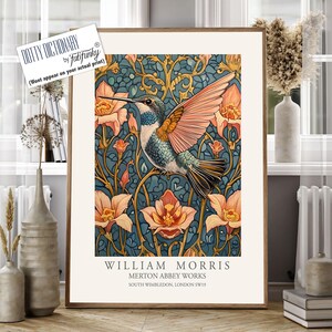 William Morris style bird print,  William Morris Hummingbird poster, Large Vintage wall art, Wildlife nature lover Illustration elegant art