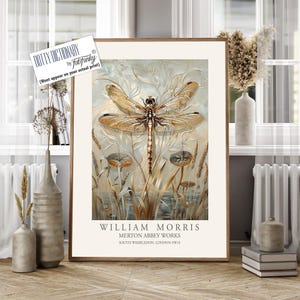 Dragonfly Print, William Morris style Illustration, Floral poster, Vintage style Botanical, dragonflies insect wall art gifts
