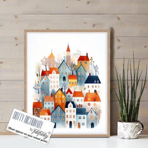 Colorful Nordic Village Print, Scandi Houses Wall Art