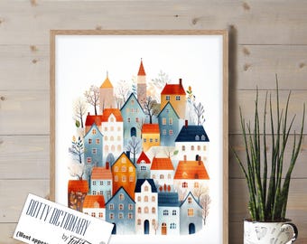 Colorful Nordic Village Print, Scandi Houses Wall Art