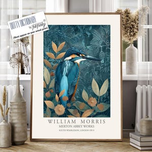 William Morris style bird print, Kingfisher Illustration, William Morris poster, Large Vintage style wall art, Wildlife nature lover decor