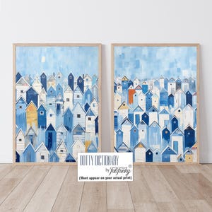 Set of 2 Coastal Art Prints, Blue White Beach Huts, Watercolor Beach Painting, Coastal Art Framed, Beach Landscape, Seaside Nautical Decor