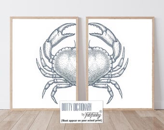 Indigo Blue Crab Art Prints, Coastal Wall Decor, Set of 2