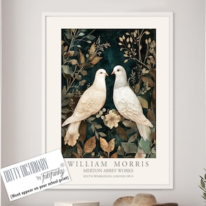 William Morris style bird print, White Dove Large Vintage Botanical wall art, Wildlife nature Illustration, Romantic Birds Floral Art poster