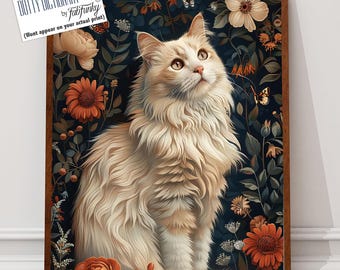 長毛の黒猫のアートプリント、気まぐれなふわふわの猫の壁アート