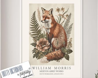 Afdruk in William Morris-stijl, William Morris-poster, Fox Illustration, Botanische poster in vintage-stijl, Woodland William Morris-muurkunst dier