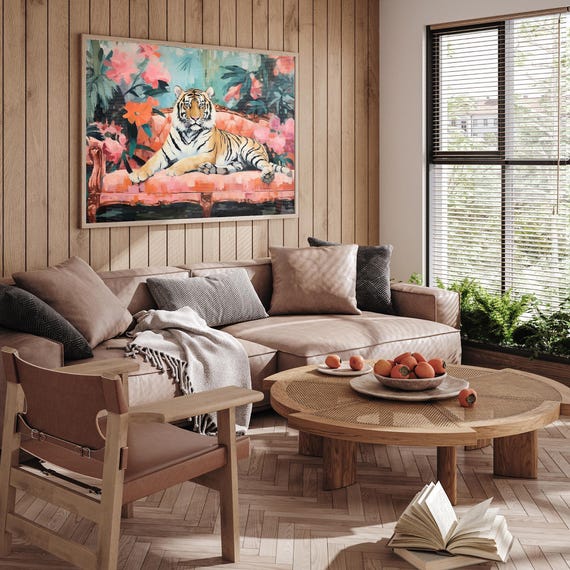 Whimsical Tiger on Sofa Art Print, Boho Living Room Decor - Etsy