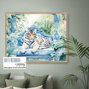 Whimsical Tiger On Sofa Art Print, Tiger Wall Art, watercolour animal painting, Boho Living Room grandmillenial topiary print