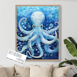 Blue Octopus Print, Octopus Art Poster, Octopus Home Decor, Nautical Canvas Prints, Ocean Animals Painting, nautical bathroom decor
